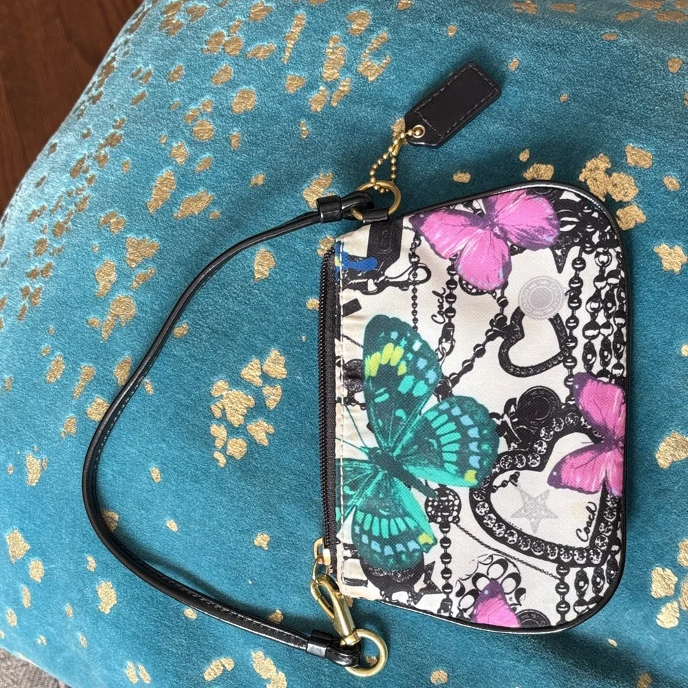 Coach Multicolor Butterfly Print Wristlet with Black Trim - Picture 4 of 6